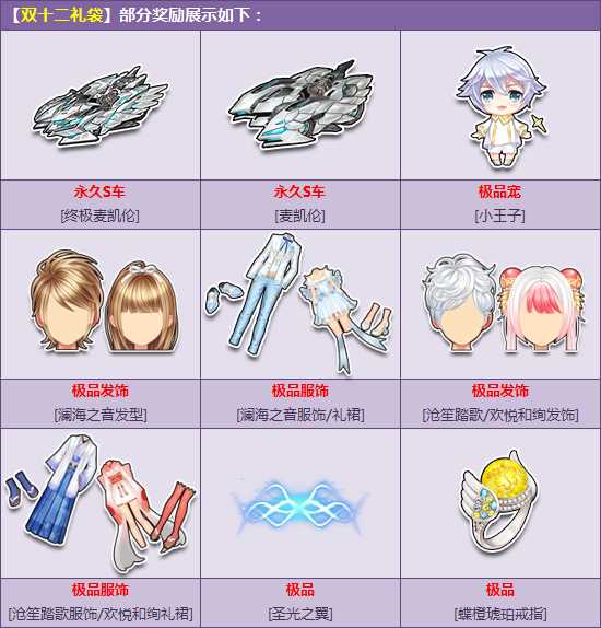 QQ飞车双十二狂欢礼袋 永久S车并驾齐驱